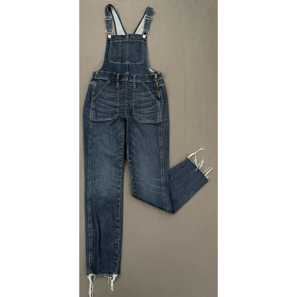 Madewell Bib Overalls Womens Sz Small Hip Zipper Raw Hem Stretch Denim Dark Wash